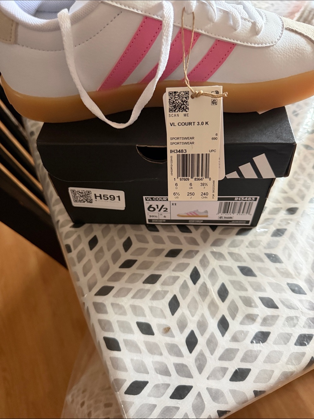 adidas White Sneaker with Pink Stripes and Gum Sole